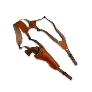 Handgefertigtes vertikales Schulterholster aus hellbraunem Leder für Revolver - Gurtband-Tragesystem