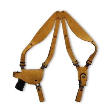 Horizontales Schulterholster aus hellbraunem Veloursleder mit Magazintasche