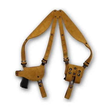Horizontales Schulterholster aus hellbraunem Veloursleder mit Doppelmagazintasche