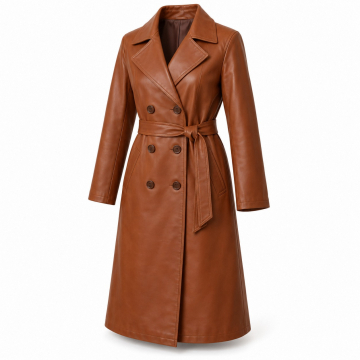 Women's Belted Leather Trench Coat - Complete front view