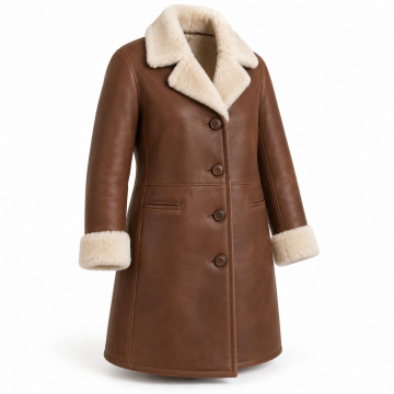 Women's Knee-Length Shearling Coat - Complete front view