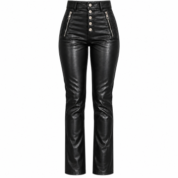 Woman wearing black high-waisted leather moto pants with silver button fly, zipper pocket accents and ankle boots
