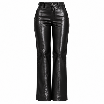 Women's black leather pants with high-waisted design, front seams and elegant bootcut legs