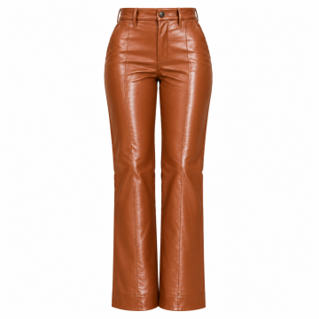 Women's cognac brown leather pants with high waist, back pockets and bootcut legs – rear view