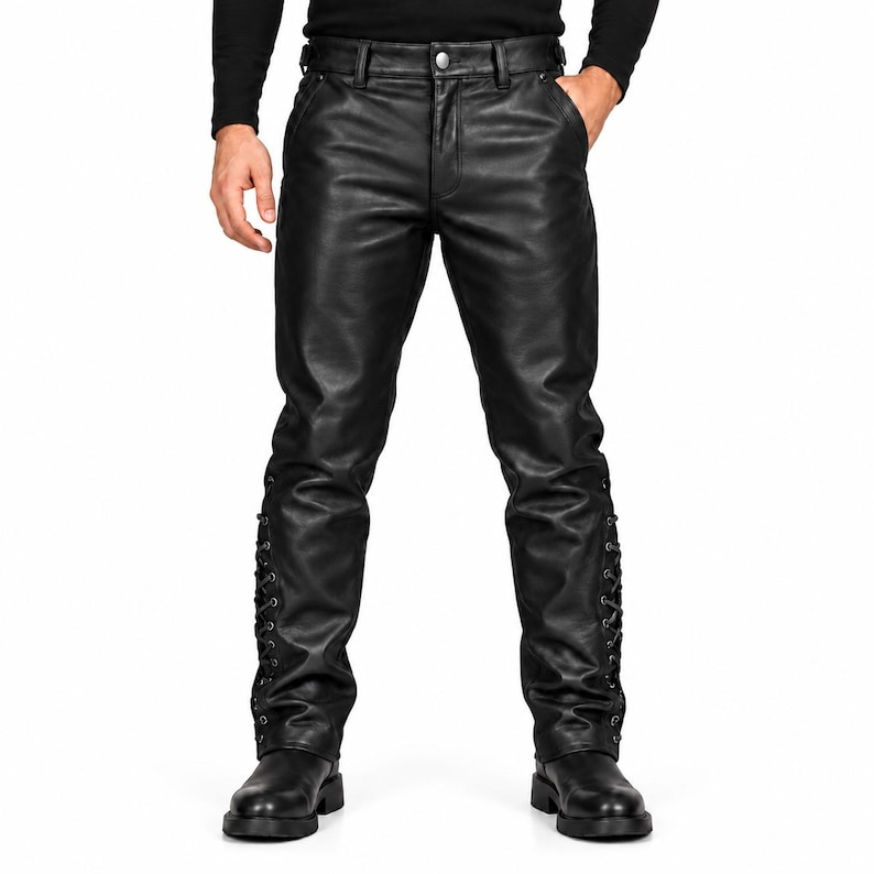Men's black leather biker pants with lace-up calf details – front view