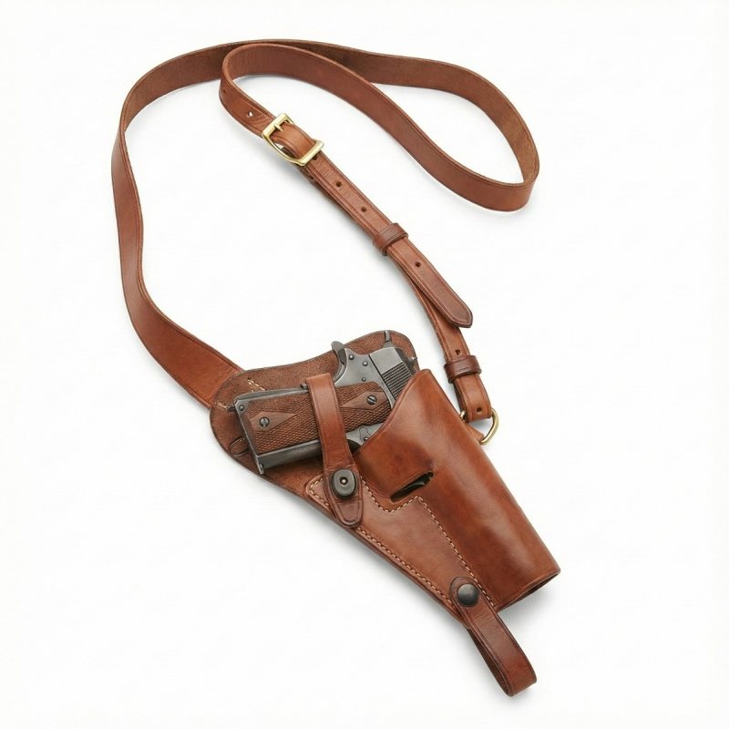 Brown leather 1911 tanker shoulder holster with adjustable chest strap, shown on a white background.