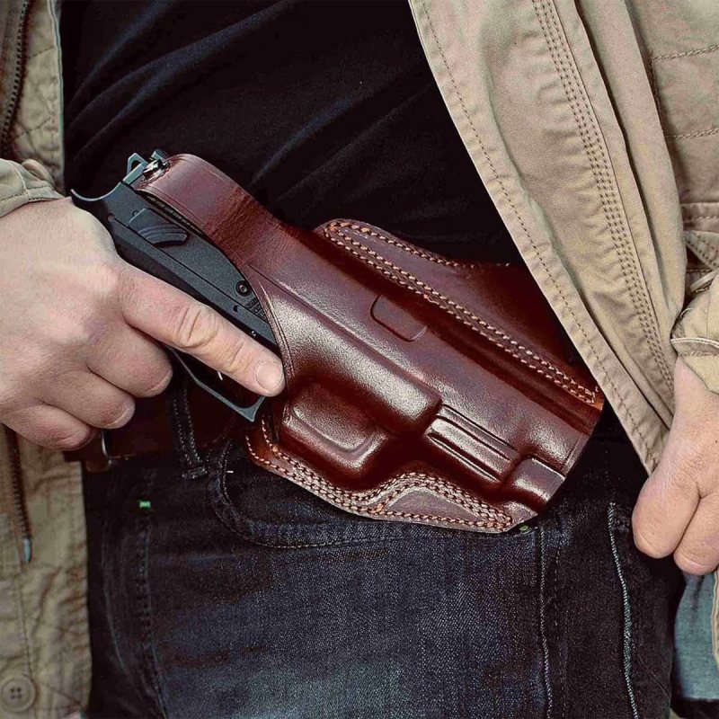 Handcrafted Cross Draw Leather Gun Holster- Custom Molded OWB Leather Holster for Perfect Fit and Security with Reinforced Steel Thumb Break