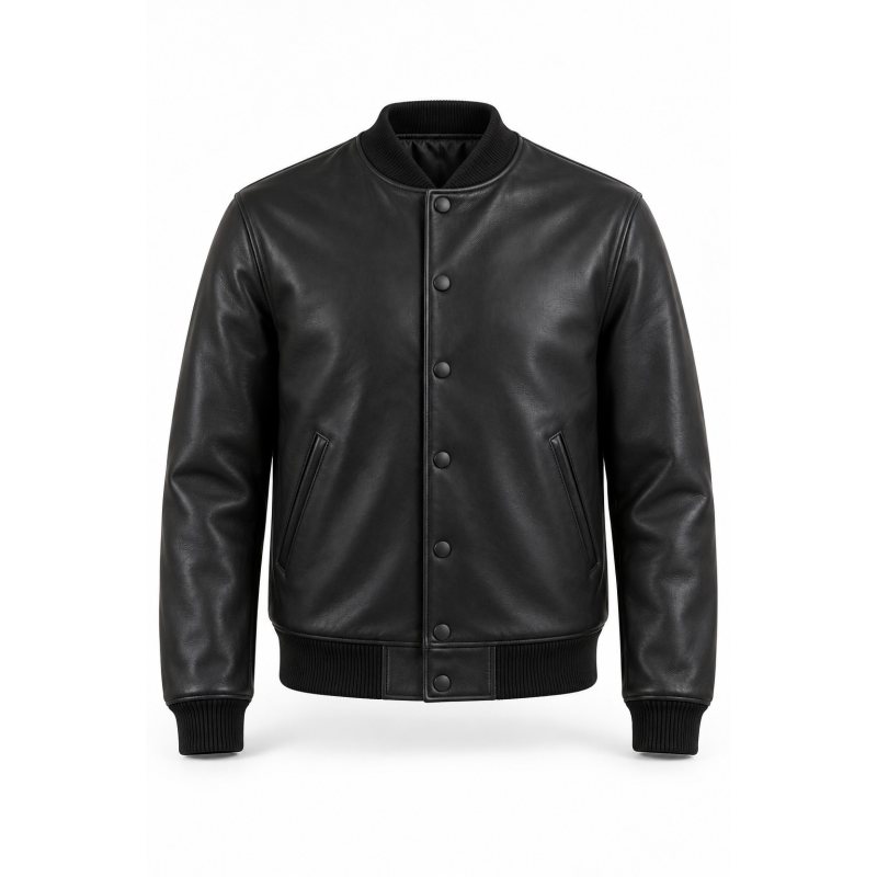 Schlichte Varsity-Lederjacke mit Druckknöpfen nach Mass - Vollständige Vorderansicht und sieben Druckknöpfe