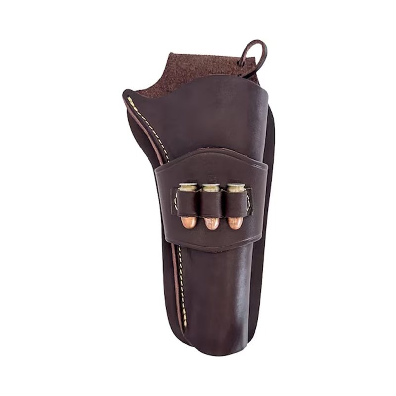 Antique Brown Leather Western OWB Holster front view with three cartridge loops and open muzzle design