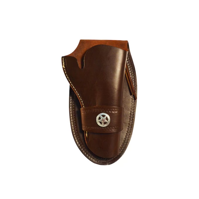 Antique Brown Leather OWB Holster With Retention Strap front view showing star concho and stitched leather edge