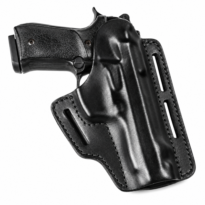 Black leather OWB holster worn on a belt with blue jeans