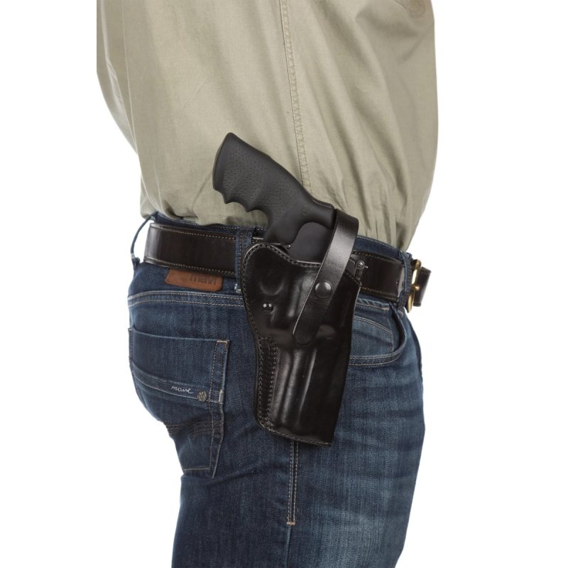 Black leather OWB hip holster worn on belt for strong-side carry