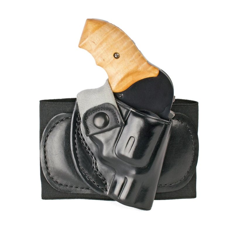 Black Leather Ankle Holster With Wool Pad front view showing leather holster body and retention strap