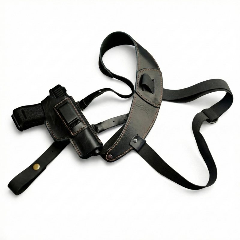 Black leather shoulder holster with adjustable straps and reinforced stitching, laid flat on white background