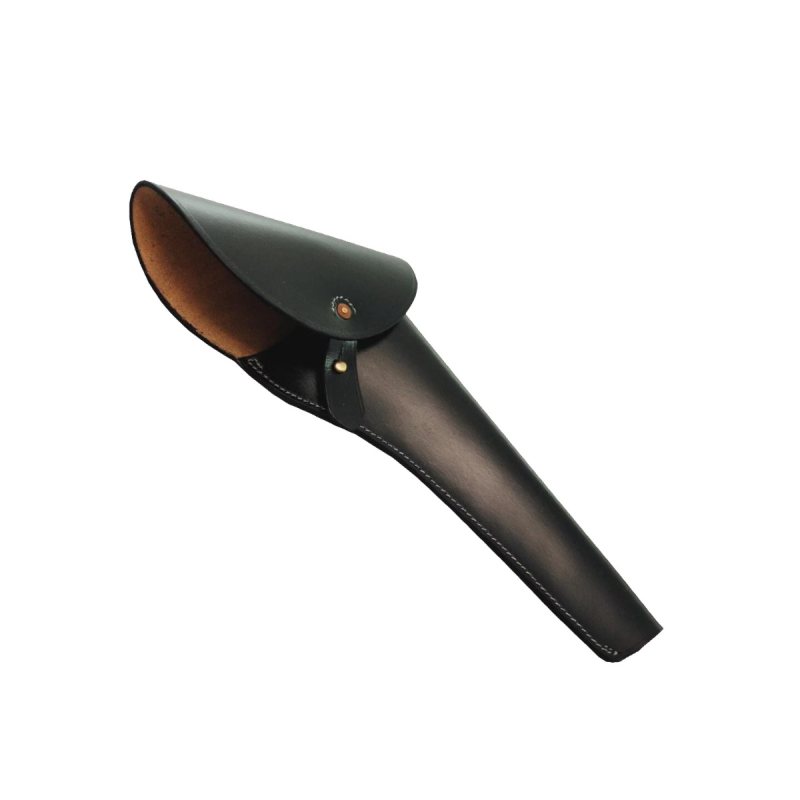Black leather Civil War style flap holster shown at an angle, featuring curved shape and stud closure