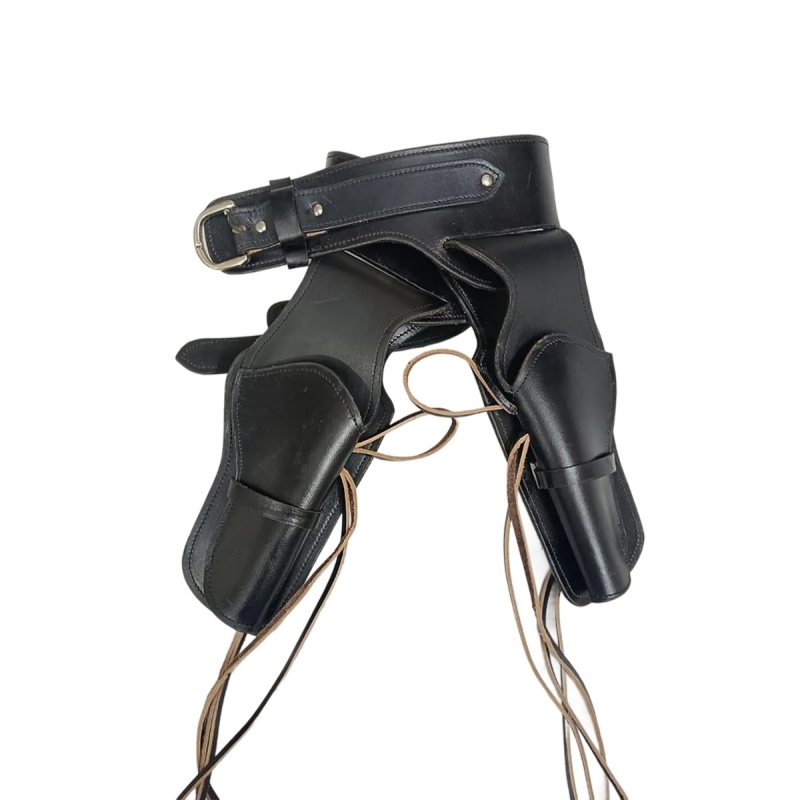Black leather double revolver holster belt set shown with both holsters attached to belt