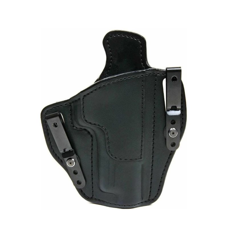 Black Leather Dual Carry Holster – front angle view – OWB belt slot configuration