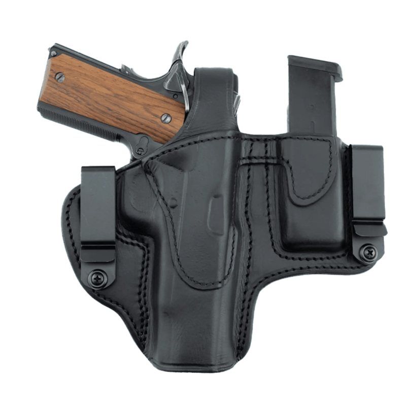 Black Leather Dual Carry Hunting Holster With Mag Pouch front view showing pistol fit, spare magazine pouch, and dual belt clips