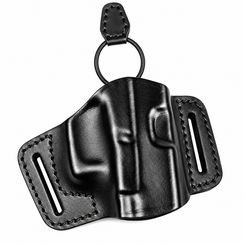 Black leather Glock OWB belt holster with two belt slots and metal ring detail
