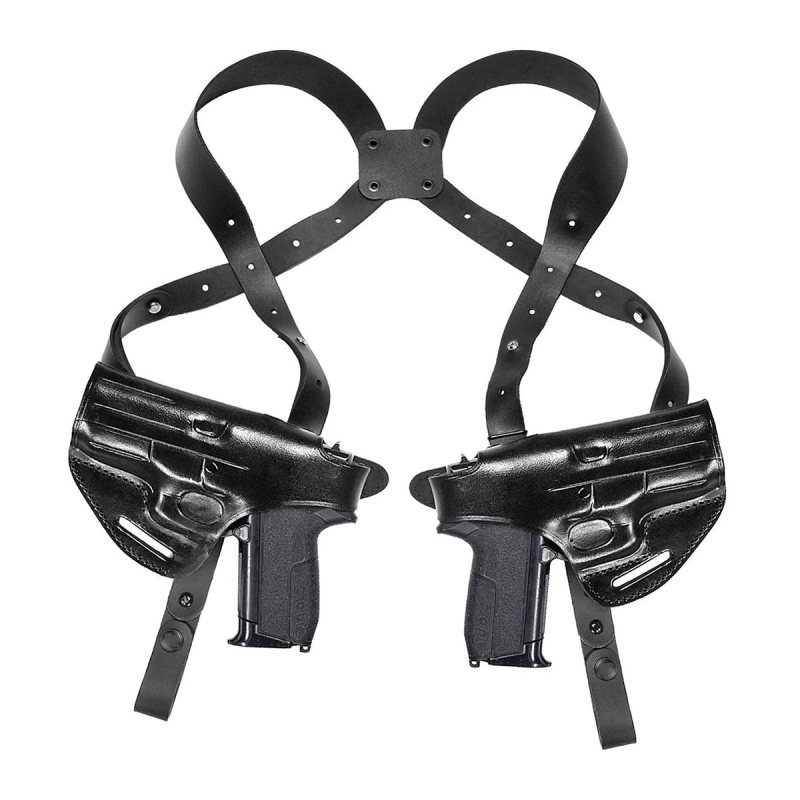Black Leather Horizontal Shoulder Holster – Double Mag & Thumb-Break