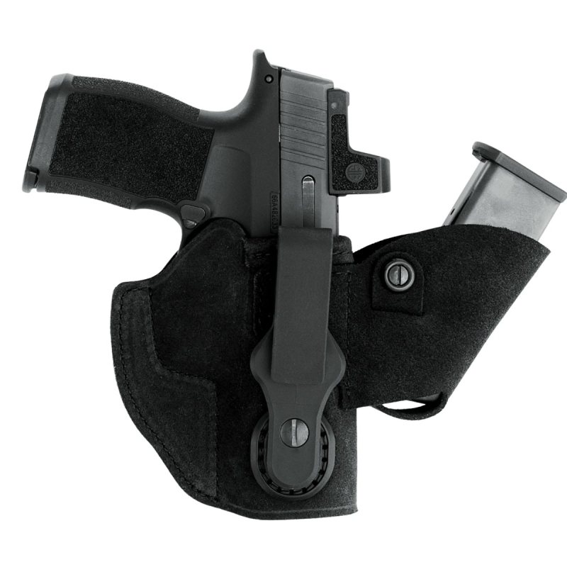 Black Leather IWB Holster With Mag Carrier main view showing holster body clip and spare magazine pocket
