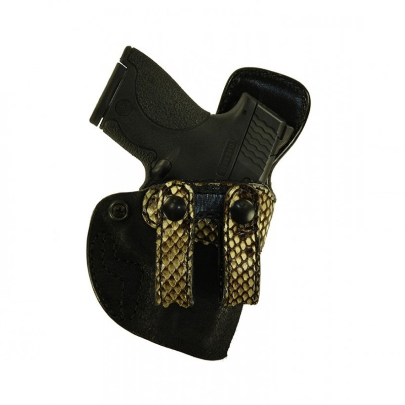 Black Leather IWB Holster With Dual Python Straps – side view showing dual snap belt loops and reinforced mouth