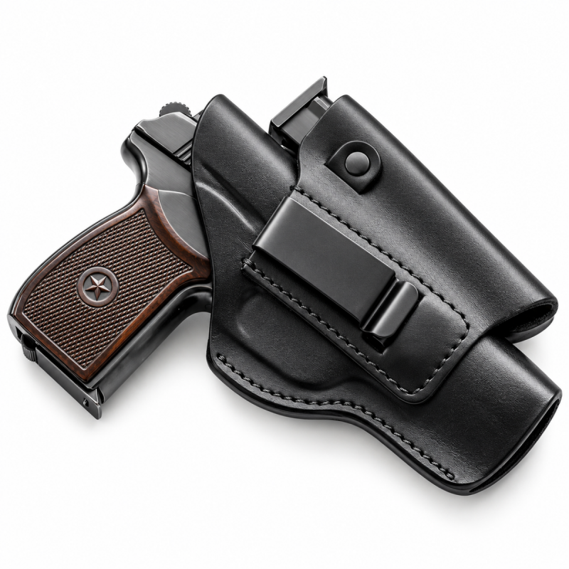 Black leather IWB holster with integrated magazine pouch and snap-button closure, front view