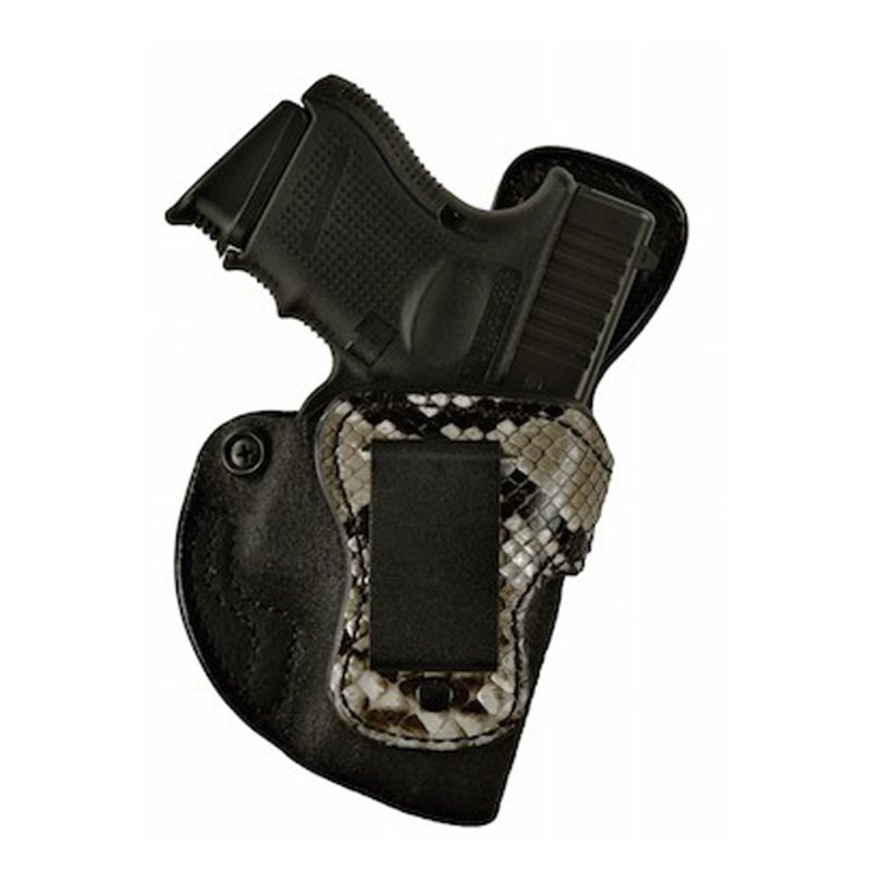Black Leather IWB Holster With Python Trim – clip side view showing reverse J style attachment and python trim panel