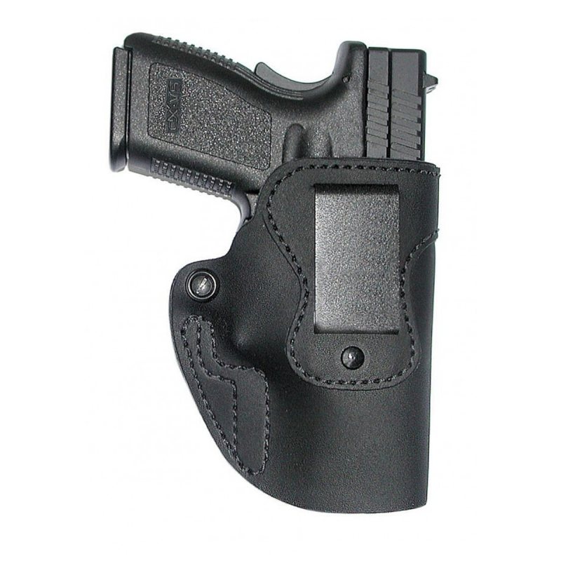 Black Leather IWB Mister Softy Holster – front view – low riding profile with reverse J clip