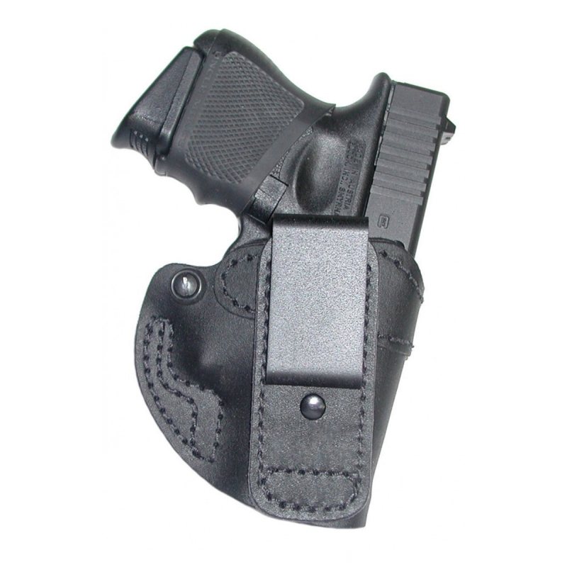Black Leather IWB Split Decision Holster – front angle – slim profile with steel clip
