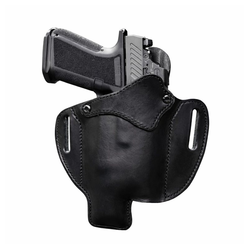 Black Leather Light Bearing OWB Holster front angle view with mounted light attached