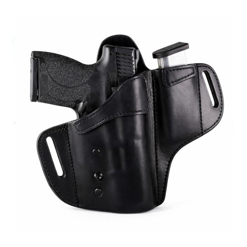 Black Leather Locking OWB Holster With Mag Pouch front view showing integrated magazine carrier