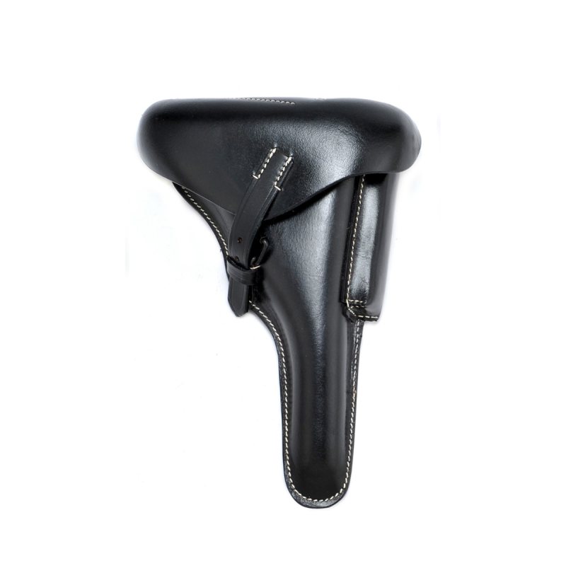 Black leather naval style flap holster front view with closed flap