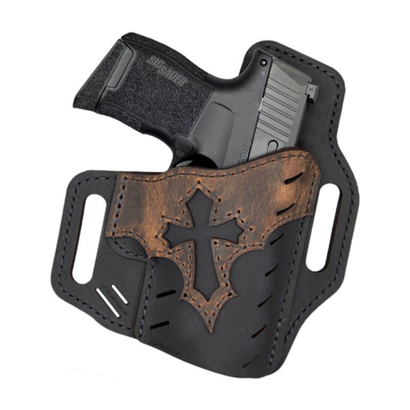 Black Leather OWB Holster With Arc Panel showing black leather belt slide body with brown Arc Angel accent and belt slots