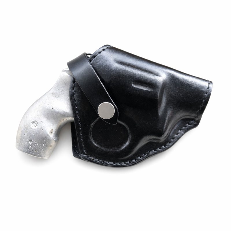 Black Leather OWB Holster With Retention Strap – worn on belt – molded black leather holster with snap strap