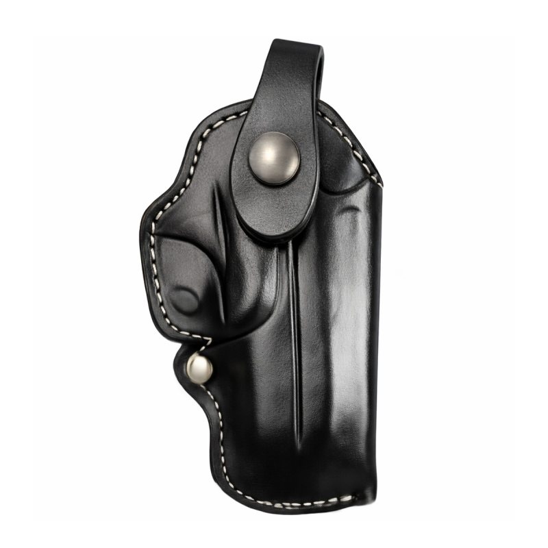 Black Leather OWB Holster With Retention Strap side profile showing belt loop attachment and stitched leather construction