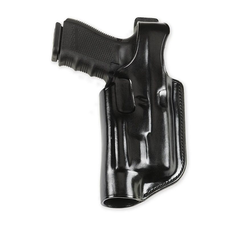 Black Leather OWB Light Bearing Holster front view with reinforced thumb break