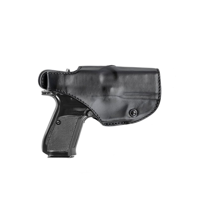 Black leather revolver holster shown on white background