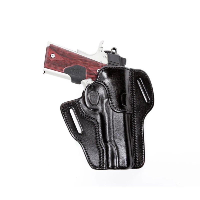Black leather OWB pancake holster front view with handgun inserted