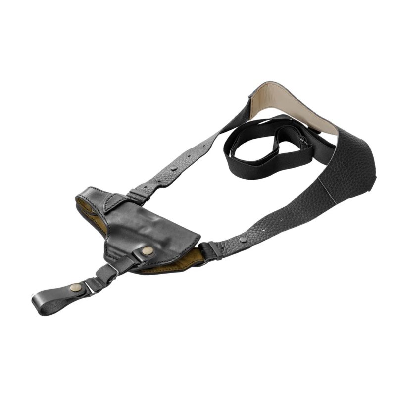 Black leather shoulder holster harness with adjustable straps laid flat on white background