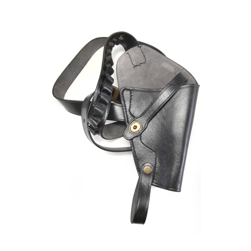 Black leather shoulder holster worn on mannequin, showing cross-body carry position with integrated shell loops on shoulder strap for balanced weight distribution