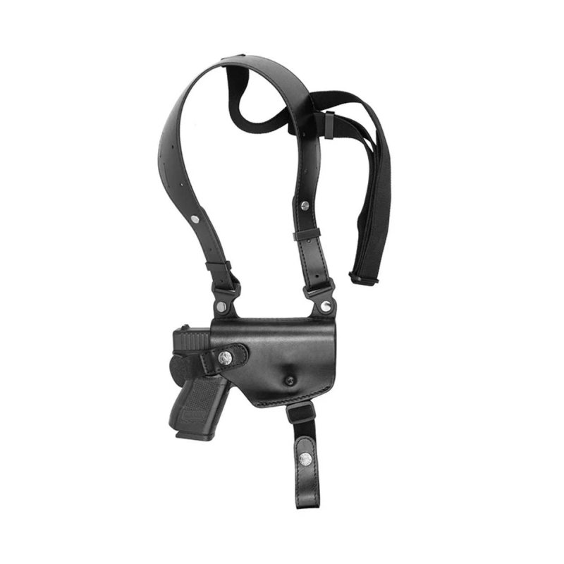 Black leather shoulder holster system with adjustable harness and magazine pouch