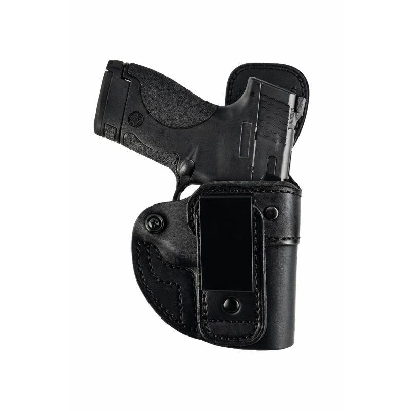 Black Leather Tuckable IWB Holster front view showing steel reverse J belt clip and leather extension