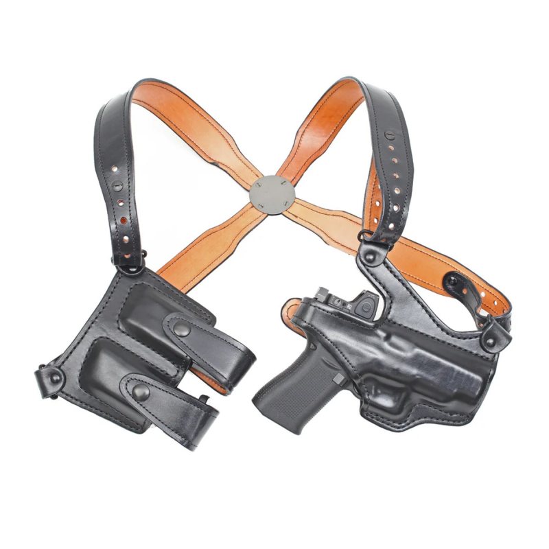Black Leather Vertical Shoulder Holster Rig full view showing vertical holster and double magazine carrier