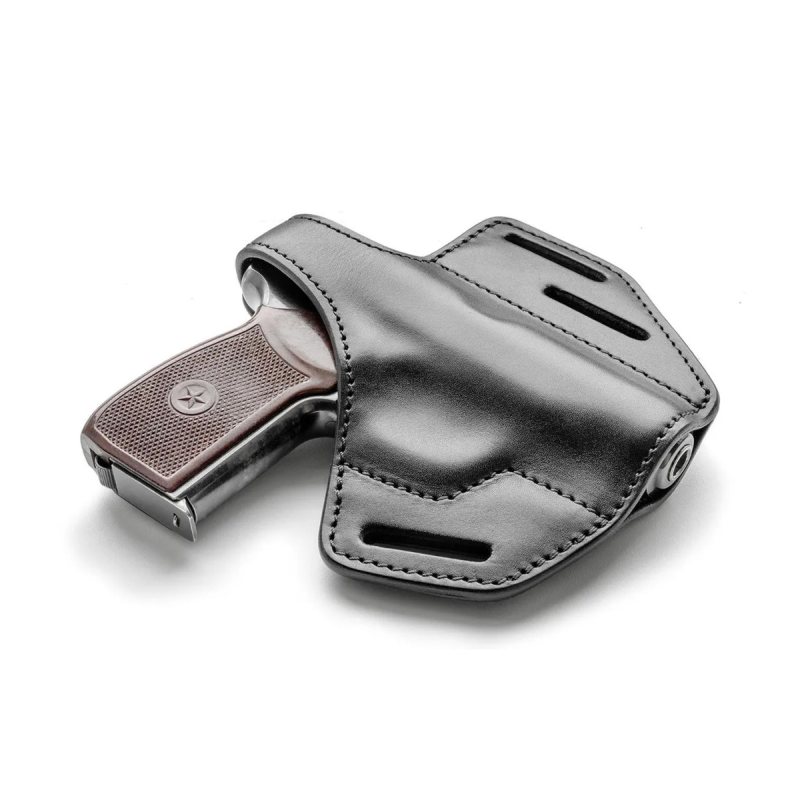 Black 3-layer leather OWB holster for Makarov pistol, front angled view on white background