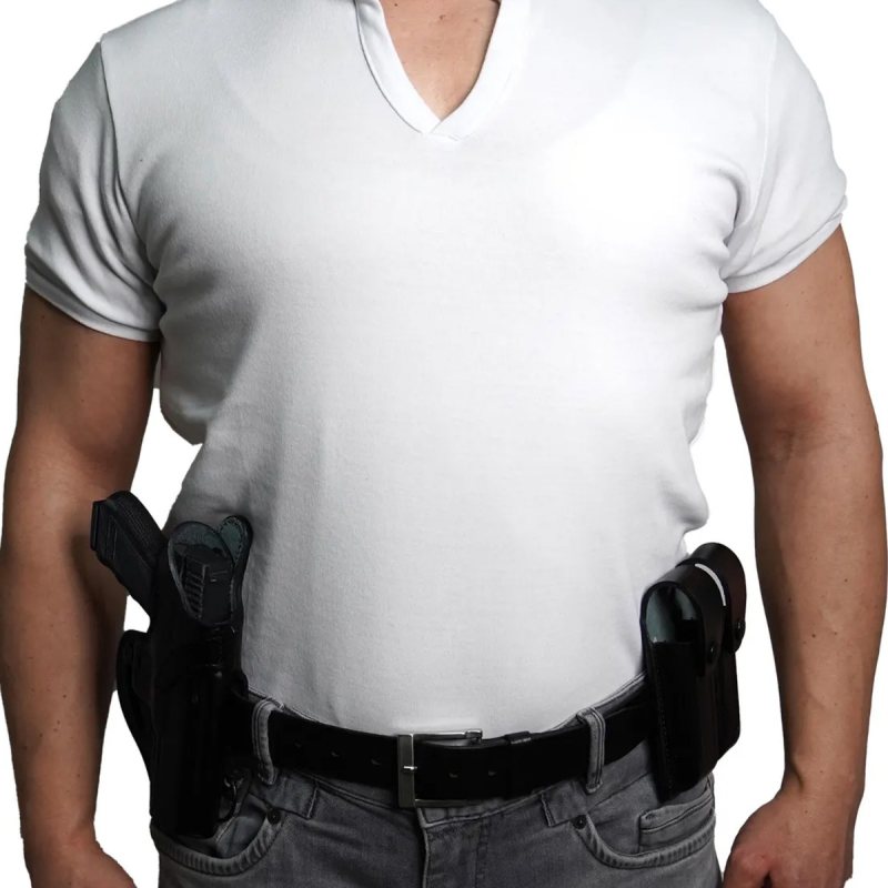 Black Premium Leather Shoulder And Belt Holster With Double Mag Pouch