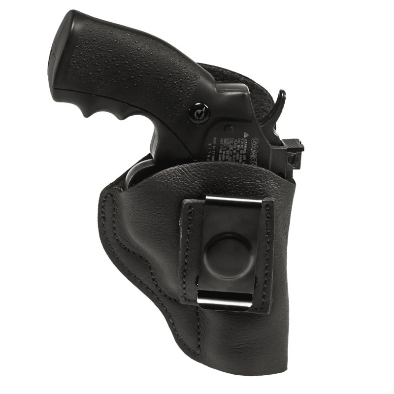 Black soft leather IWB hunting holster front view with clip attachment