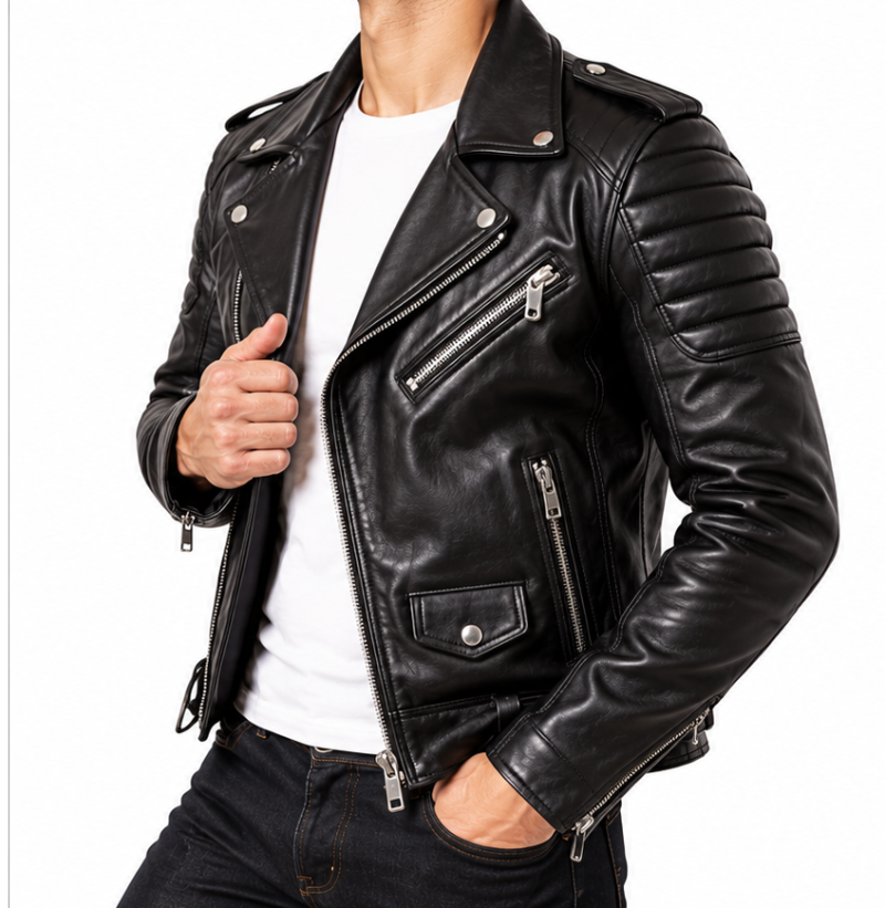 Male model wearing black asymmetrical leather biker jacket in angled pose