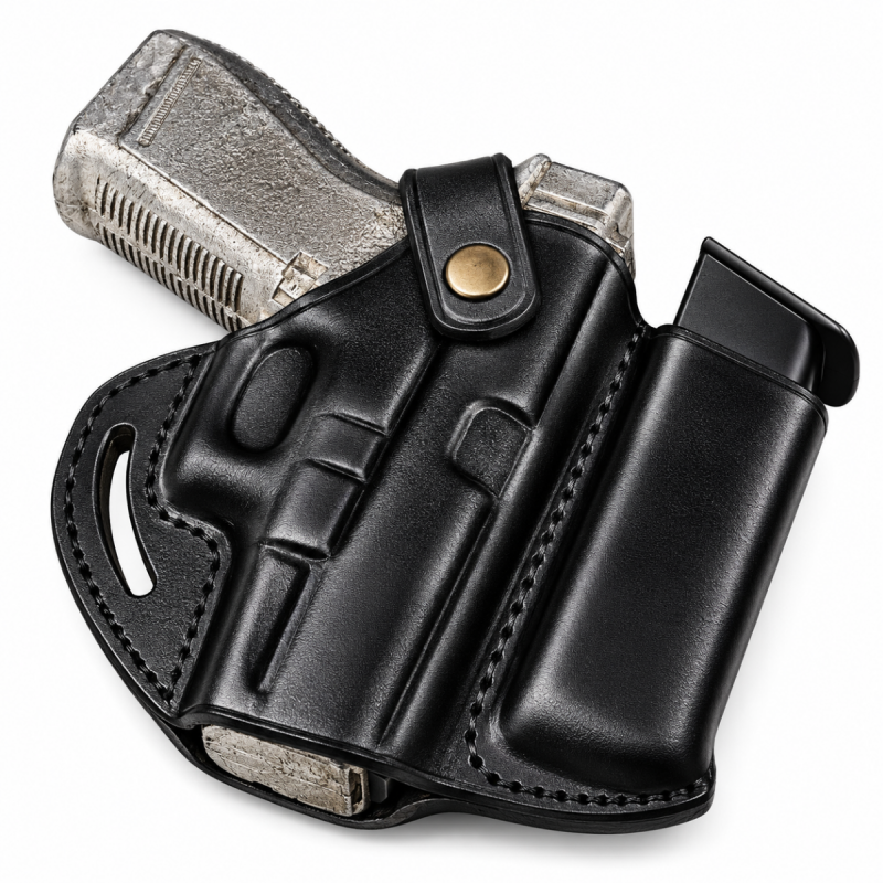 Black handmade leather belt holster with integrated magazine pouch, front view