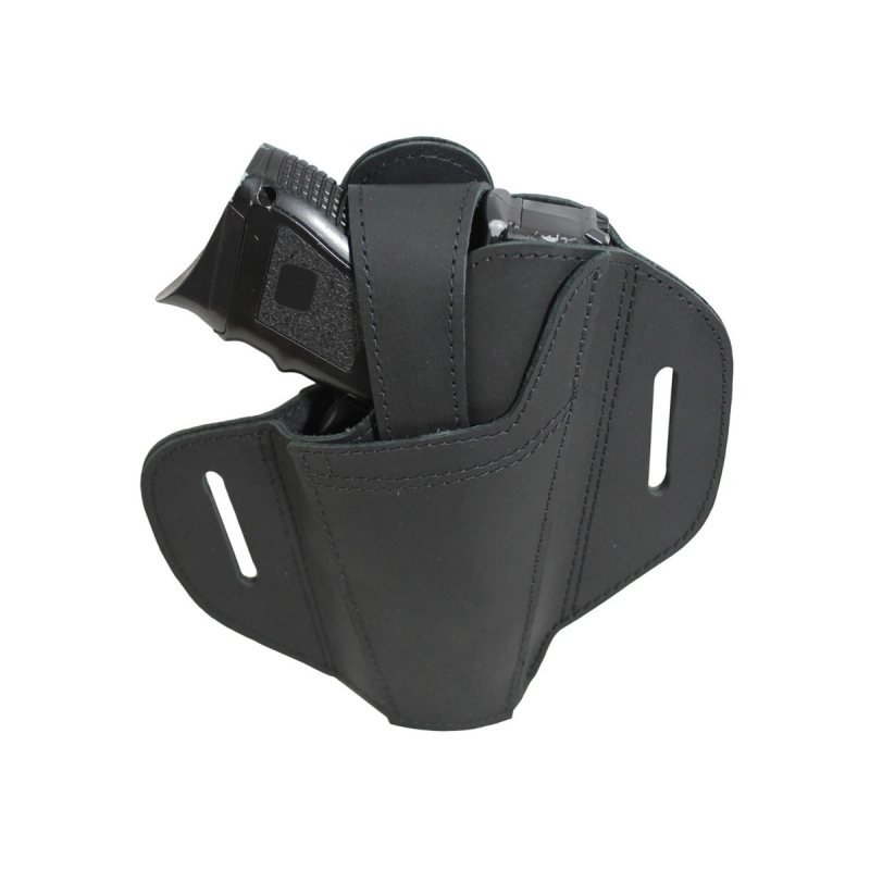 Black Leather Ambidextrous Pancake Holster – front profile – molded cowhide construction